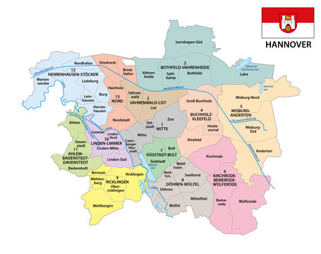 Administrative map of Hanover, the capital of Lower Saxony, Germany
