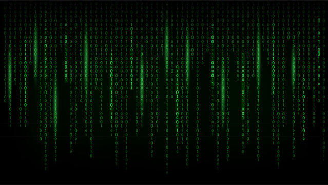 Abstract green binary code falling on black background, futuristic technology, data stream, cyber and digital concept