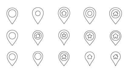 Collection of 12 similar location marker icons in outline style  icons set on a transparent background