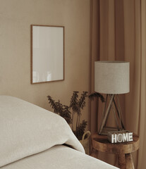 Frame mockup in cozy beige Japandi bedroom interior, 3d render