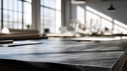 Matte dark slate product stage in sunlit architectural loft with drafting tables for industrial design branding neutral background

