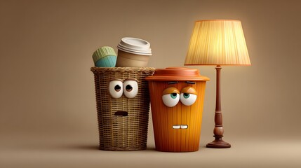 Whimsical Trash Can Characters with Lamp - A Playful and Artistic Composition.