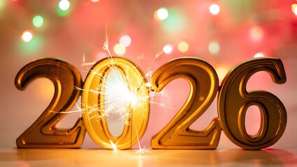 happy new year 2026 fireworks text on a blur background