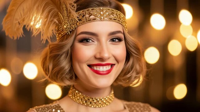 Golden Age Radiance: Captivating the vintage allure, the portrait unveils a young woman's enchanting beauty, her smiling face adorned with delicate headband and luxurious accessories.
