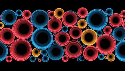 Abstract art featuring vibrant overlapping circles with concentric rings, floating on a black backdrop