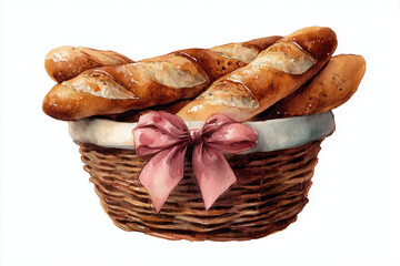 Watercolor Basket of Baguettes with Pink Bow