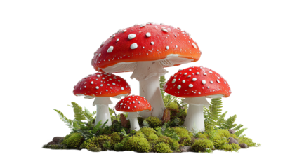 Vivid digital illustration of several vibrant red mushrooms with white spots, nestled amongst moss and grass