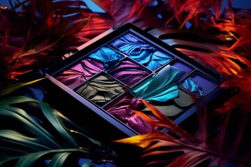 Fototapeta premium Colorful eyeshadow palette surrounded by vibrant tropical foliage