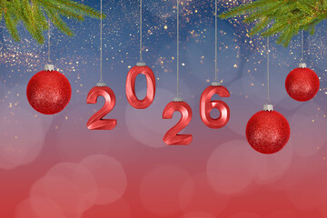 Christmas decorative tree ornaments in the shape of red balls and numerals 2026 on a string on a blue background. Christmas and New Year card for 2026.