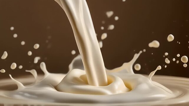 A creamy, liquid stream pours down, creating a beautiful splash and corona. It is smooth and perfect, with a rich, inviting hue
