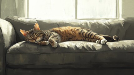 Sleeping tabby cat on a couch by a window, warm sunlight, artistic illustration