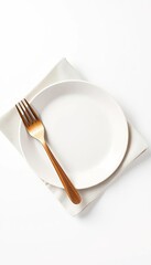White plate, linen napkin, wooden fork on clean white background,  napkin,  plate