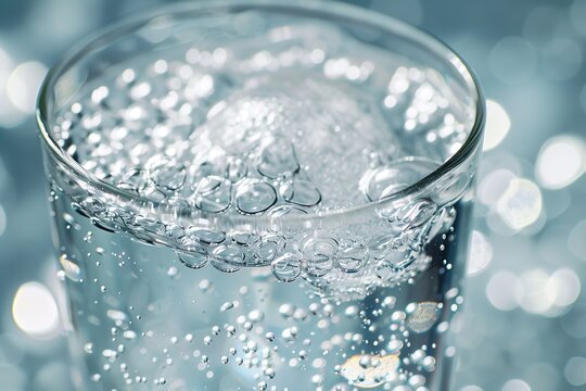 close-up glass of water with bubbles in it. bubbles are small and scattered throughout glass