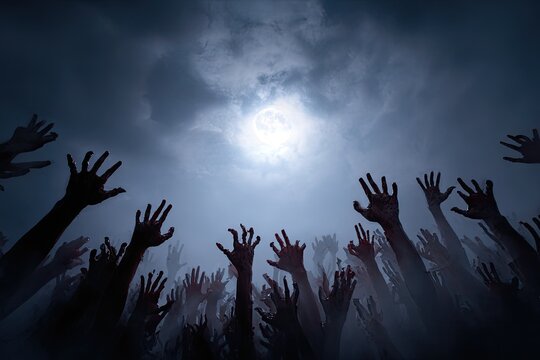From a low angle, a multitude of reaching hands in the dark are illuminated by a moon