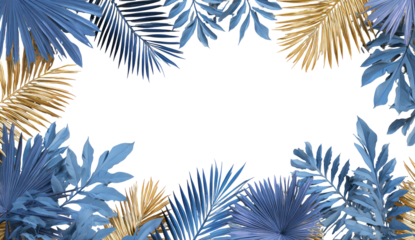 Decorative frame of stylized blue and gold leaves against black background