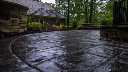 Dark brown stamped concrete patio with stone walls, landscaping, and a house in the background