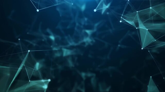 A deep blue image displays a network of connected nodes and lines, resembling a digital web or constellation. The lines are translucent