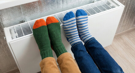 Two pairs of feet in thick wool socks warming up against a household radiator.