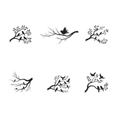 Black Color Tree Branch with Birds Silhouette Calm Wildlife Vector Vector Silhouette Vector Illustration, Solid White Background.