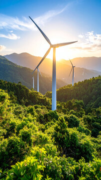 A green energy wind turbine stands in a rural landscape field at sunset, utilizing renewable technology to generate clean electricity and power from the wind across the blue sky environment