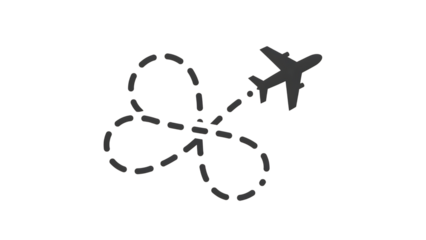 Aerial flight path illustration with airplane  on a transparent background