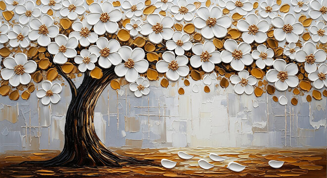 White and Gold Flowering Tree with Texture 3D Oil Art for 3D relief wallpaper with Majestic 3D Wall Mural. cover, invitation, poster, canvas print, wall decor canvas painting design
