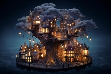 Fantastic illuminated city growing on a huge tree by night with hanging lanterns