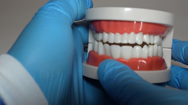 Close view of a dental teeth model held by gloved hands showing upper and lower jaw alignment used for oral hygiene education and dental care demonstration