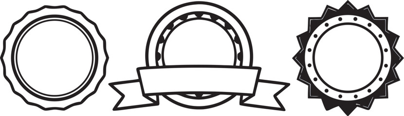 Three circular badges with ribbon and patterned edges