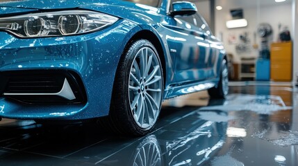 Blue car, wet, in a detailing shop