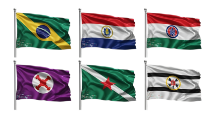 Six national flags waving on poles against set on a transparent background