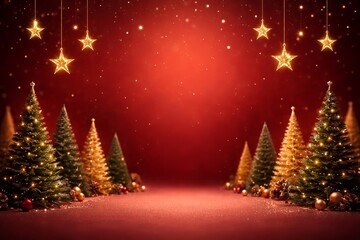 Elegant Christmas Background with Golden Trees and Hanging Stars on Red