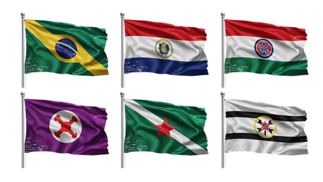 Six national flags waving on poles against set on a transparent background - Powered by Adobe