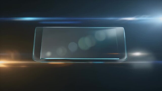 A floating, rectangular glass device on a dark background. The edges are subtly lit, with lens flares adding to an abstract, futuristic aesthetic
