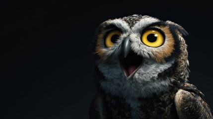 Close-up digital art rendering of an owl with exaggerated features and open beak