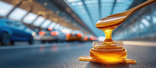 Honey drips from a wooden spoon into a jar, cars blur in a tunnel's background