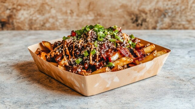 A loaded fry dish in a brown paper container