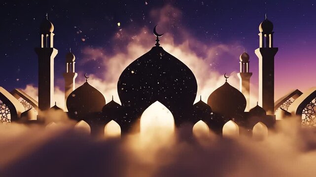 A serene ramadhan animated background featuring a majestic mosque silhouette against a starry night sky with a warm, glowing fog effect.