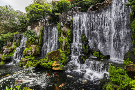 Taipei City, Taiwan - 11 April 2025: View of cascading waterfalls plunge into a tranquil pond, framed by lush greenery and moss-covered rocks, creating a serene oasis.