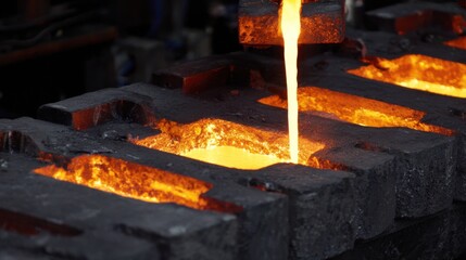 Gravityfed aluminum casting process captured midaction highlighting the controlled flow of molten metal into detailed molds for automotive parts.