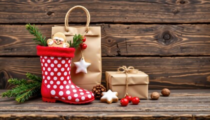 Festive Red Polka Dot Boot with Holiday Decor, Gifts, and Pine Branches on Rustic Wooden Background