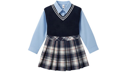 School uniform outfit with plaid skirt and navy blue sweater vest isolated on transparent background