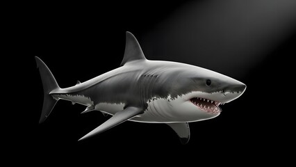 Fototapeta premium Great white shark swimming with spotlight effect on dark background