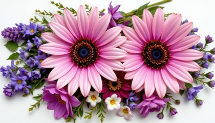 Obraz premium Beautiful Arrangement of Pink and Purple Flowers with a Custom Floral Design on a White Background