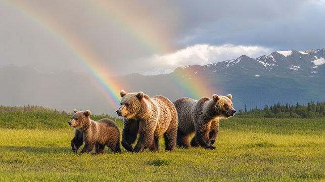 Mother Bear and Two Cubs Walking Through a Green Field Under a Double Rainbow in a Majestic Mountain Landscape