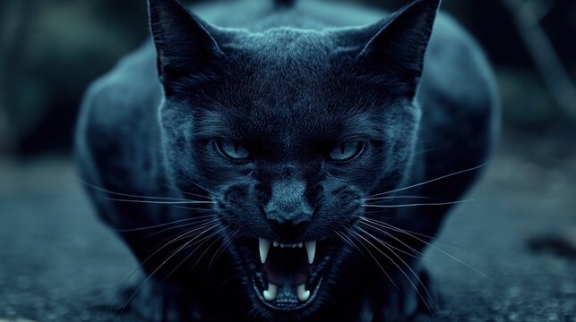 Dark, brooding black cat, low angle, menacing stare