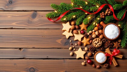 Fototapeta premium Cozy Christmas Arrangement with Festive Decorations, Star Cookies, Nuts, and Pine Branch on Rustic Wooden Table