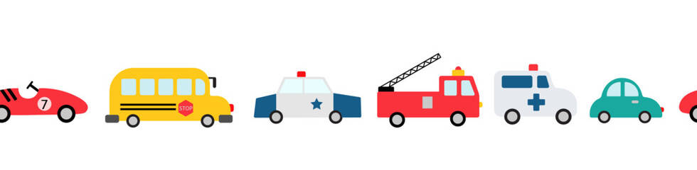 Seamless border with cute cars. Childish endless pattern isolated on white