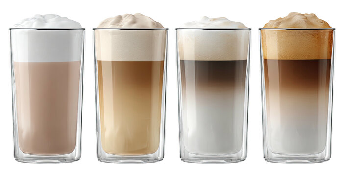 Four layered coffee drinks with foamy tops in tall, double-walled glasses