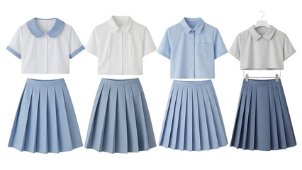 Four pleated skirt and blouse outfits isolated on transparent background